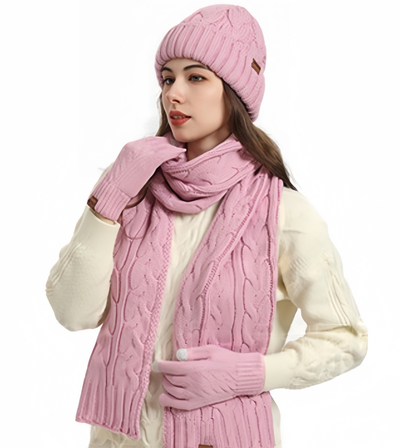 Womens Winter Knit Warm Hat Beanie Long Scarf Touch Screen Gloves Set